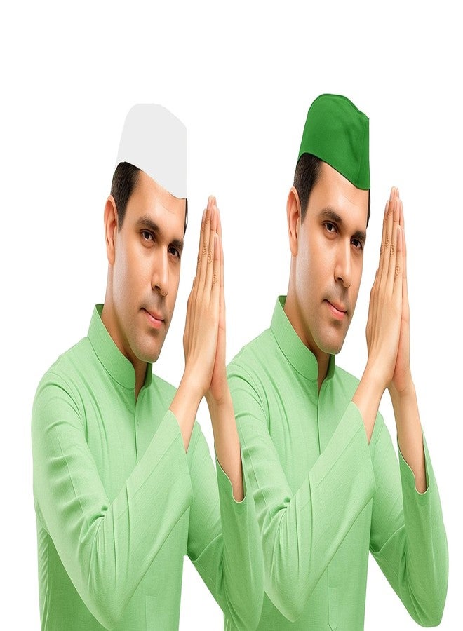 ATABZ قبعة غاندي نهرو بيضاء وخضراء من ATABZ، قبعات تقليدية لحفلات الزفاف الماراثية، قبعة قطنية، عبوة من قطعتين - Image 1